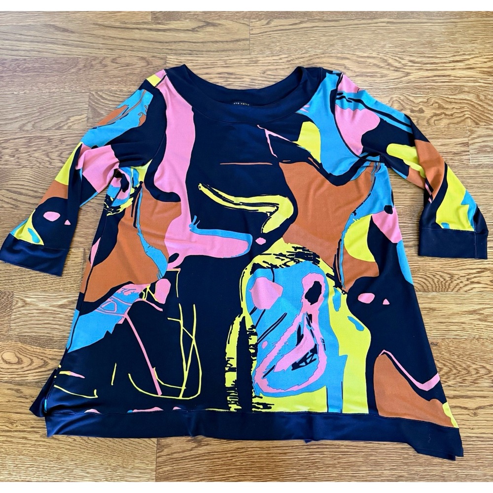 Eva Varro Womens XL Abstract Multicolor Black Knit Stretch Scoop 3/4 top